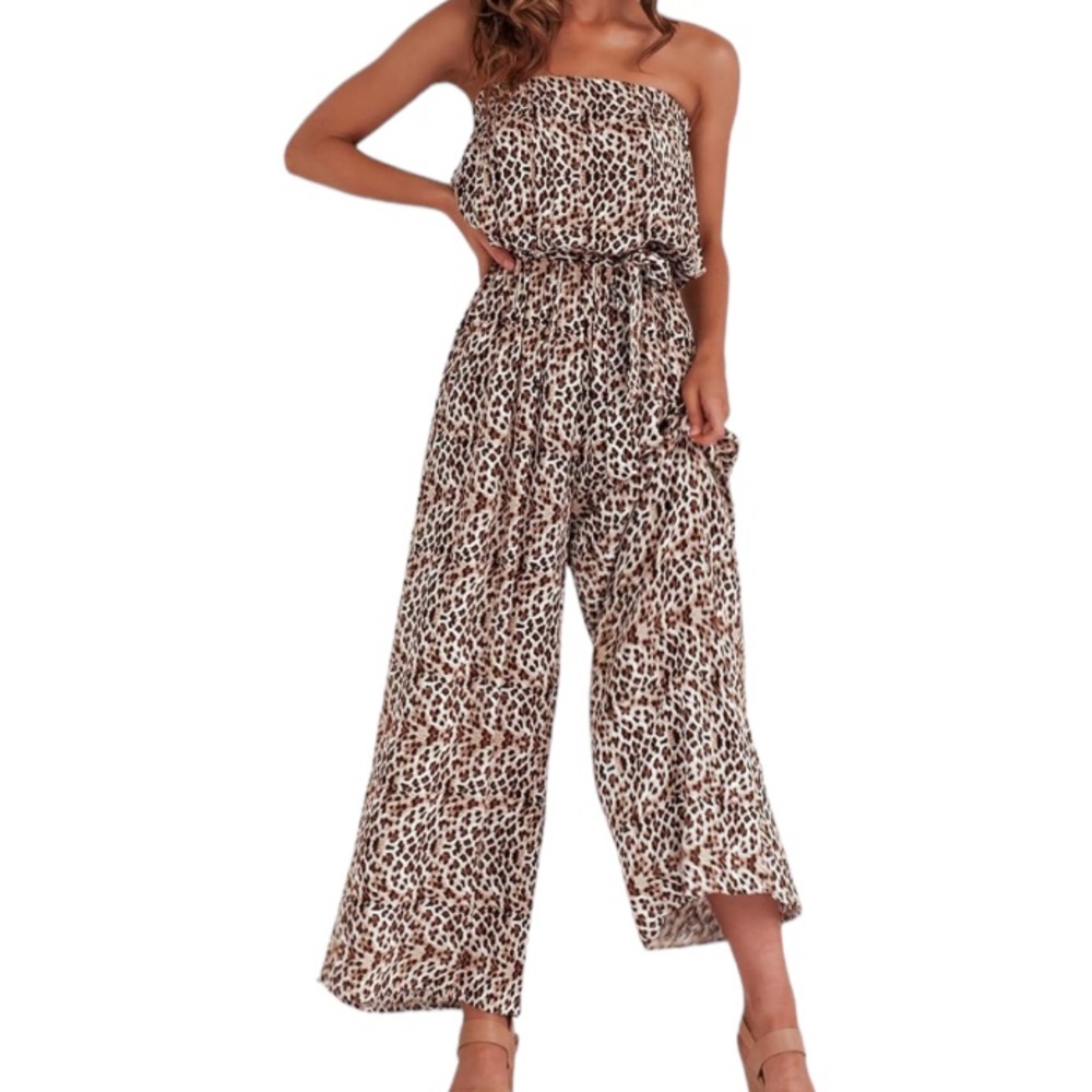 Simplee Leopard Print Strapless Tie waist Wide Leg Jumpsuit NWOT